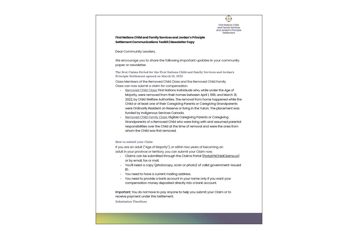 Newsletter content: First Claims Period now open