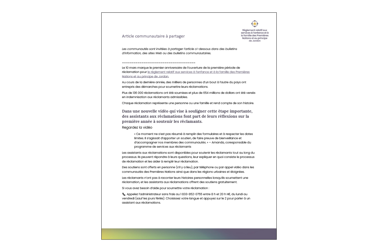 Contenu pour bulletin :  premier anniversaire